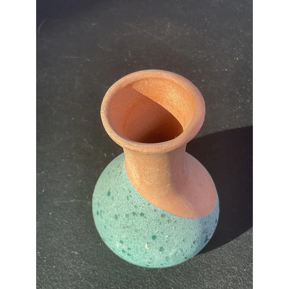 Handcrafted Ceramic Bud Vase With Textured Green & Natural Terracotta Finish